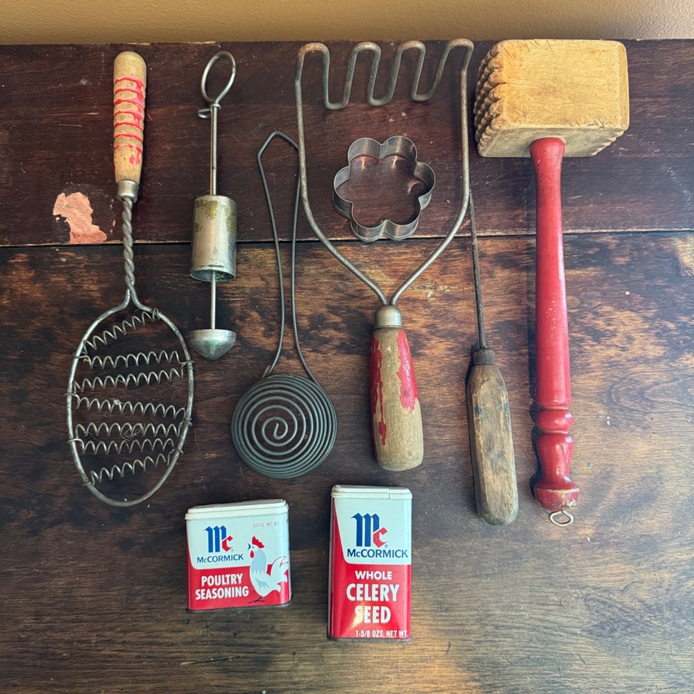 Vintage Kitchen Utensils Lot‎ Red Wood Metal McCormick Spice Tins Decor